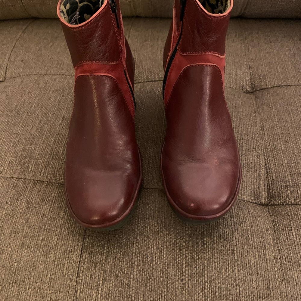 Fly London Red Ankle Boots with Chunky Heel and Textured Leather